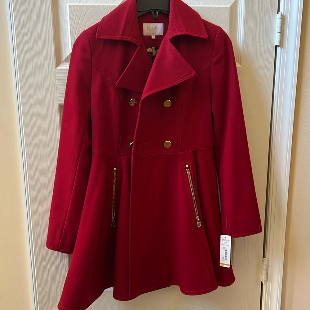 Brand New Never Been Worn Laundry by Shelli Segal Red Coat with Gold Buttons